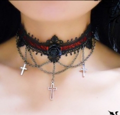 Black Roses Cross Lace Gothic Lolita Neck Belt