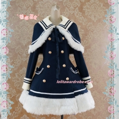 Strawberry Witch Navy Blue Sailor Style A-line Winter Lolita Coat
