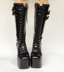 Matte Black Bows Lolita High Heels Boots