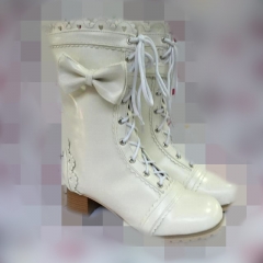 Antaina Sweet White Lolita Low Heel Boots with Cute Bows